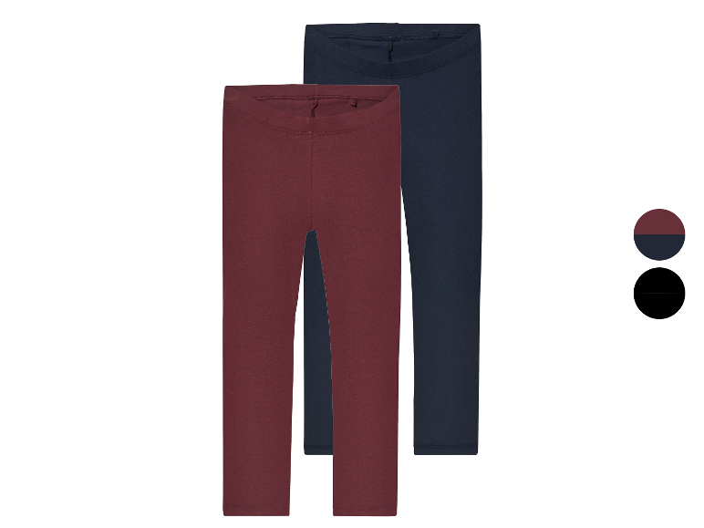 Twee leggings voor meisjes, één bordeauxrood en één donkerblauw.