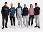 Zes modellen in sportkleding, waaronder hoodies, T-shirts en joggingbroeken.