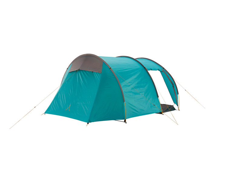 Een turquoise tent met een grijze luifel en gele touwen.