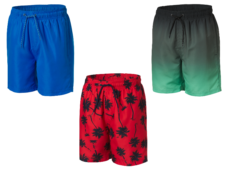 Drie heren zwembroeken: blauw, groen verloop en rood met palmenprint.