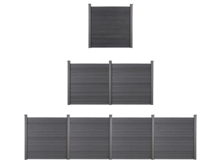 Drie donkergrijze composiet schuttingpanelen van verschillende breedtes