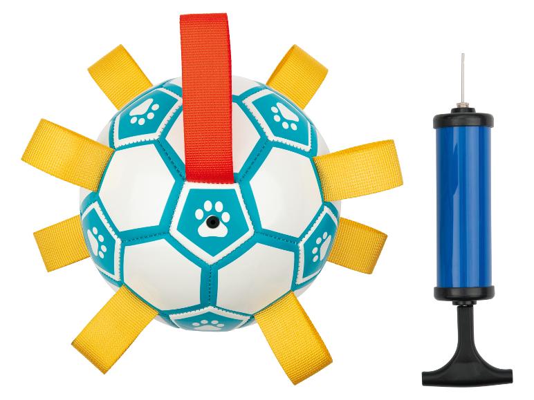 Honden speelbal met handvatten en blauwe pomp.