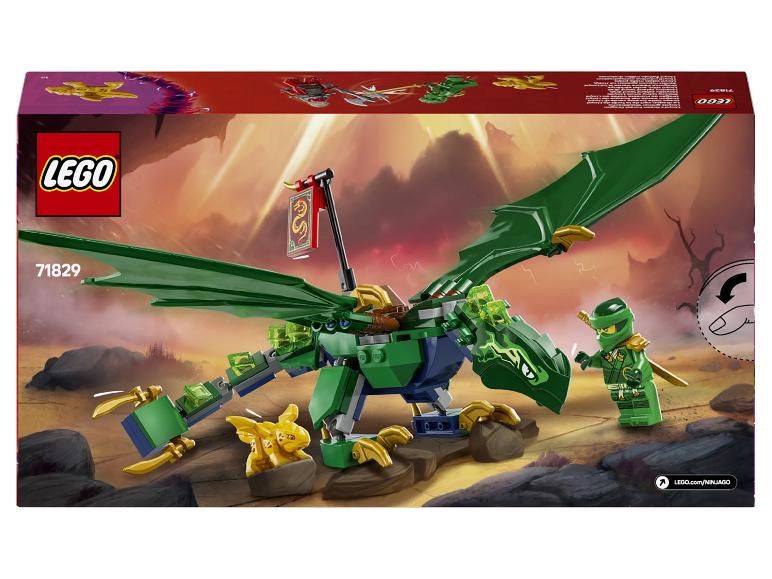Groen draken speelgoed met een ninja figuur en een kleine gouden draak, nummer 71829.