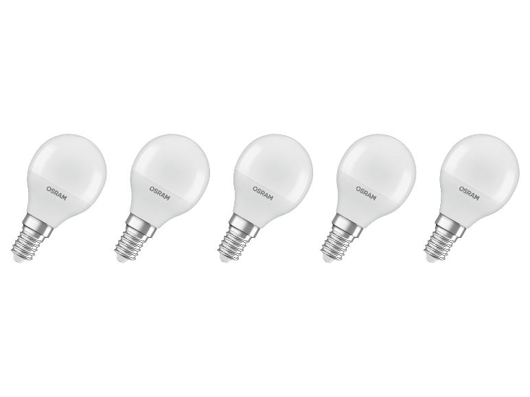 Vijf witte LED-lampen met schroefdraadfittingen, diagonaal gerangschikt.