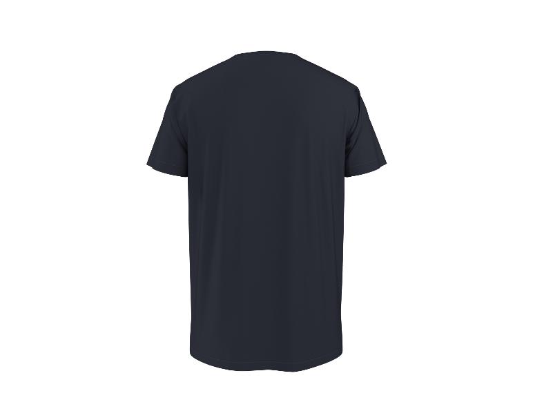 Achterkant van een donkerblauw heren T-shirt met korte mouwen.