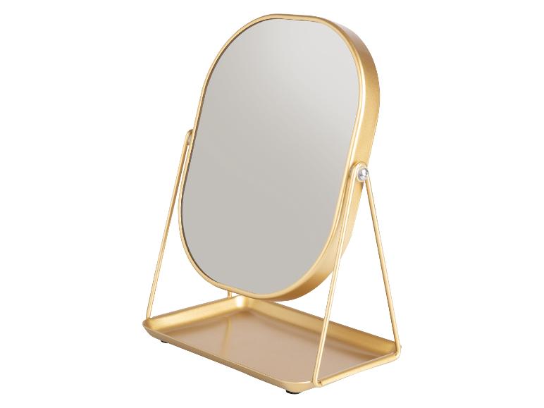 Gouden ovaal tafelspiegel met standaard en dienblad.