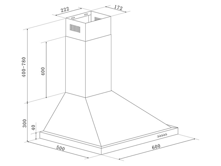 Technische tekening van een afzuigkap met specificaties.