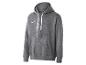Grijze hoodie met witte trekkoorden en een klein wit logo.