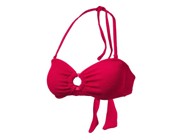 Rode getextureerde bikinitop met ringdetail in het midden en strikbandjes