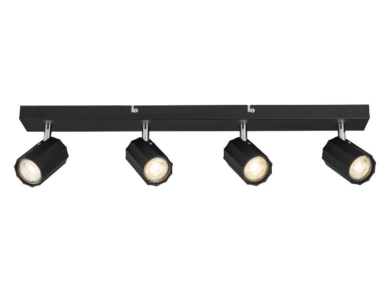 Zwarte vierlichts plafondspot met verstelbare spots.