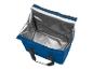 Blauwe isotherm tas met zilveren voering, perfect voor het vervoeren van eten of drinken.