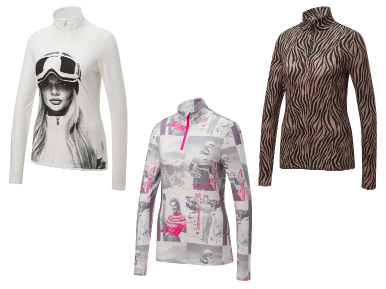 Drie lange ski-onderlagen: één wit met een vrouw in skibril, één met een vintage ski-collage en één met een zebraprint.