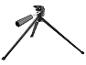 Een compact zwart statief met uitschuifbare poten en een montagekop, op een witte achtergrond.