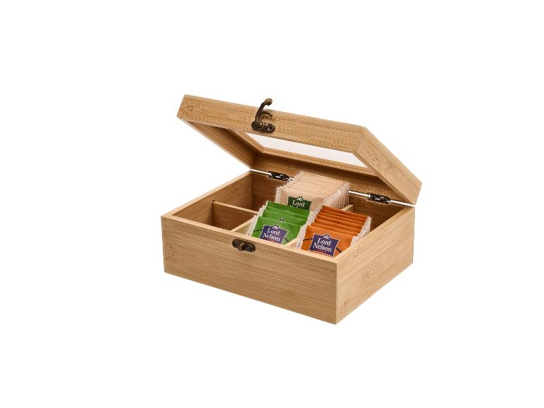 Bamboe theedoos met drie vakken, gevuld met Lord Nelson theezakjes.