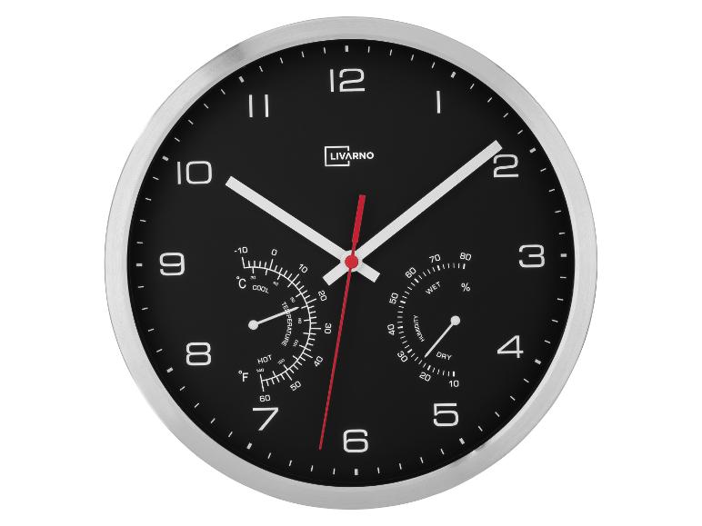Zwarte wandklok met thermometer en hygrometer, merk Livarno