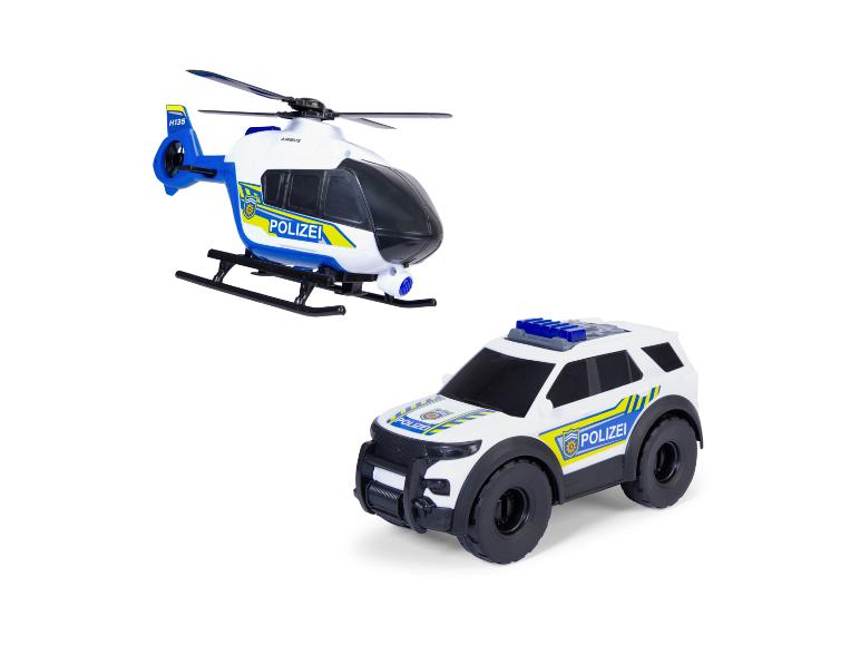 Speelgoed politiehelikopter en politieauto met de tekst 'POLIZEI'