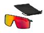 Sportzonnebril met rode en gele glazen, en een zwart zakje.