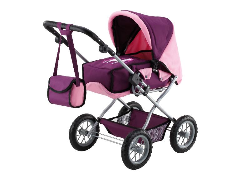 Roze en paarse speelgoedkinderwagen met bijpassende tas