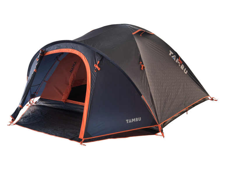 Een donkerblauwe Tambu tent met oranje details.