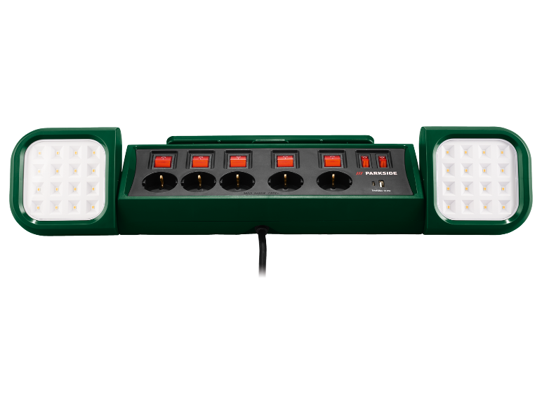 Groene stekkerdoos met vijf stopcontacten, vijf schakelaars, twee USB-poorten en twee LED-werklampen.