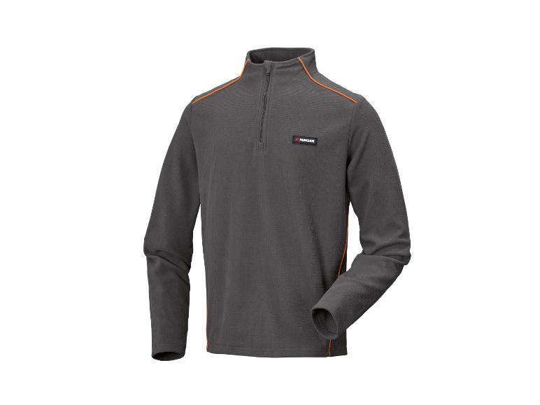 Donkergrijze fleecetrui met oranje accenten en een halve rits.