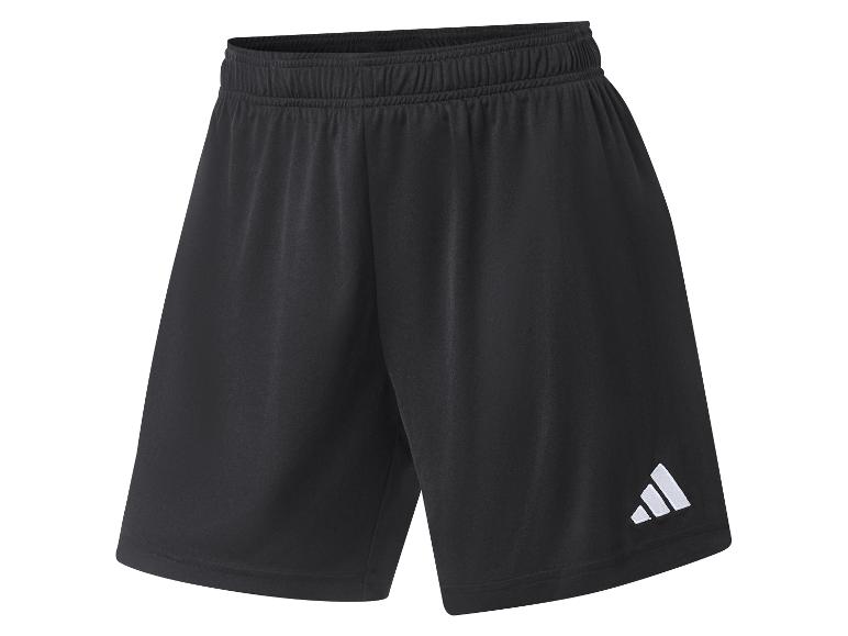 Zwarte sportshorts met elastische tailleband en een wit logo op de pijp.