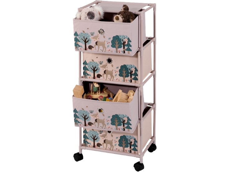 Speelgoedopbergrek met bos- en dierenontwerpen, op wielen.
