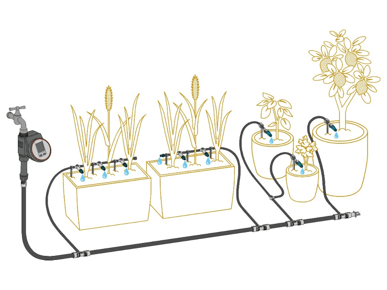 Druppelsysteem voor planten in potten en bakken.