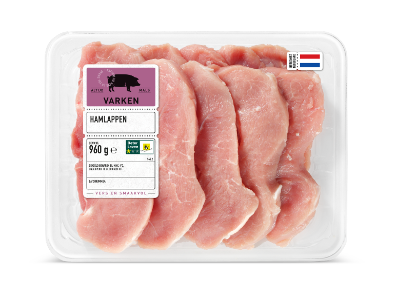 Verpakking verse varkenshamlappen van 960 g.