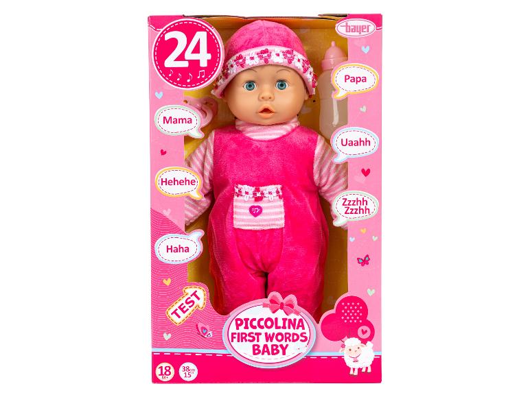Interactieve Piccolina First Words Baby pop van Bayer, met 24 geluiden en zinnen.
