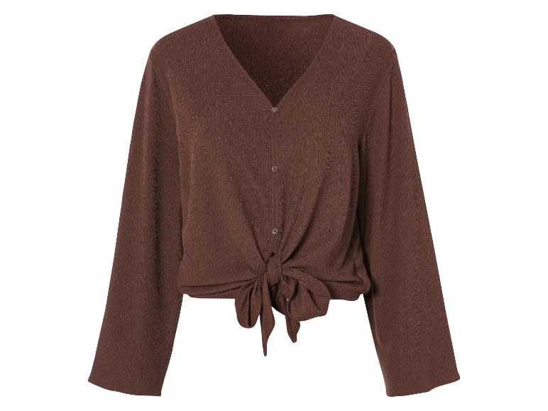 Bruine blouse met knoopjes en strik, lange mouwen, bohemian stijl.