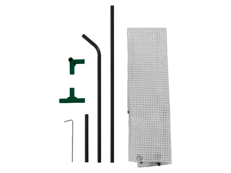 Kascomponenten: afdekzeil, metalen buizen en groene connectoren.