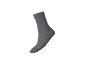 Grijze sok met geel logo en details.