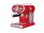 Rood retro-stijl espressomachine met drukmeter en stoompijpje.