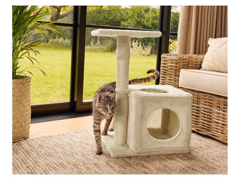 Kittenspeeltje: beige krabpaal met speeltunnel.