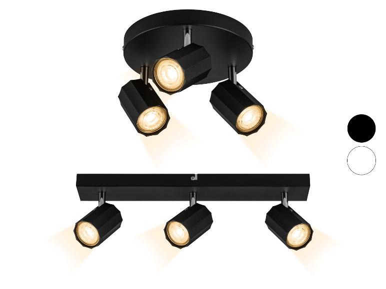 Zwarte plafondspots met drie en vier lampen, met witte en zwarte kleuropties.