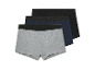 Drie heren boxershorts in grijs, donkerblauw en zwart.