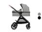 Grijze en zwarte kinderwagen met reiswieg en zitje.