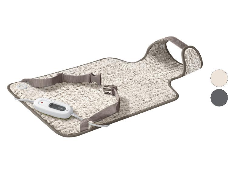 Sanitas elektrische deken met bevestigingsbanden en afstandsbediening, in lichte en donkere kleuren.