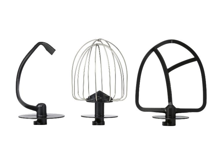 Drie mixeraccessoires: deeghaak, garde en platte klopper.