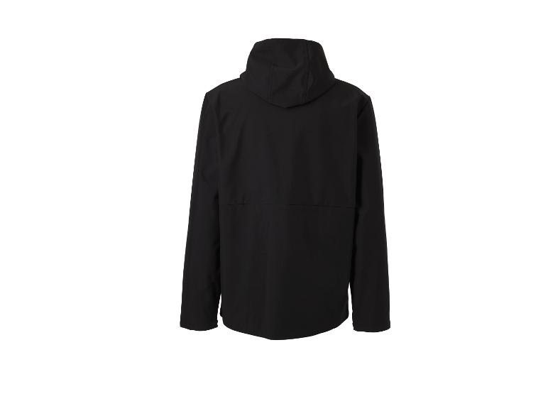 Zwarte jas met capuchon, van achteren gezien.