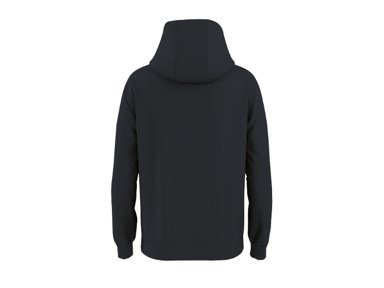 Donkerblauwe hoodie, achteraanzicht.