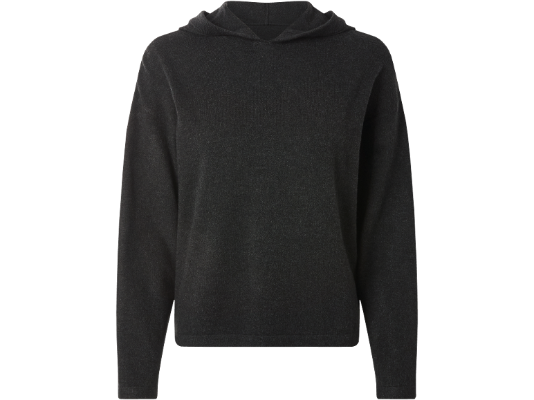 Donkergrijze gebreide hoodie.