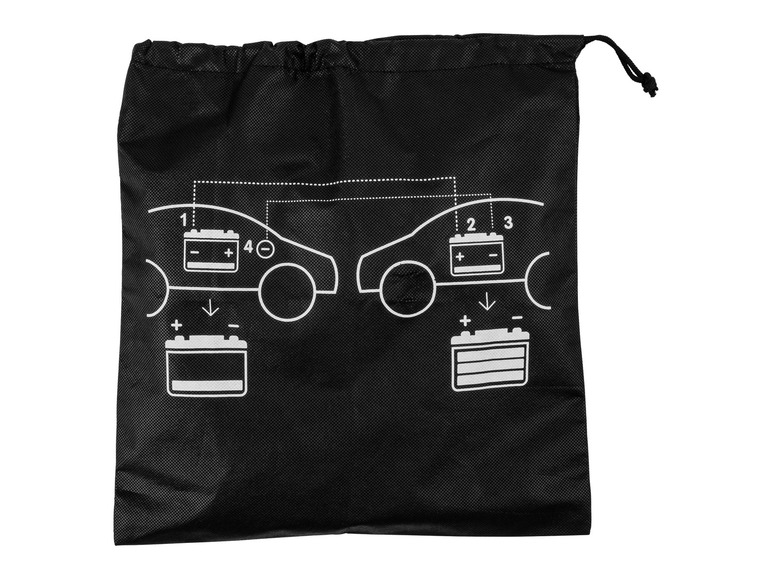 Een zwarte draagtas met instructies voor het starten van een auto met behulp van jump-kabels.