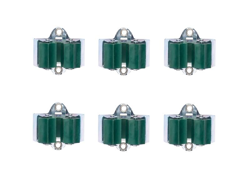 Zes groene wandhaken met schroeven.