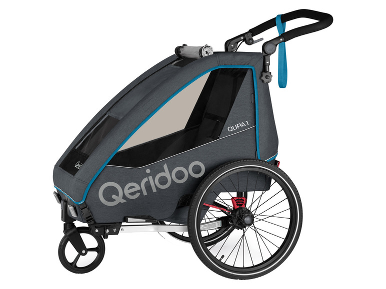 Een grijze Qeridoo fietskar met een groot achterwiel.