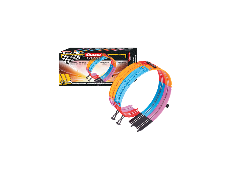 Carrera GO!!! regenboog loopingset met kleurrijke baanonderdelen en verpakking