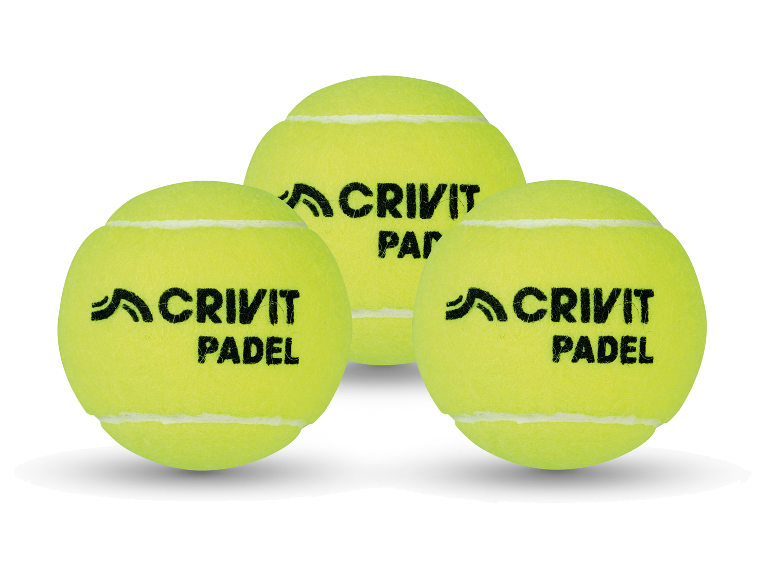 Drie gele padelballen met de tekst 'CRIVIT PADEL' op een witte achtergrond.
