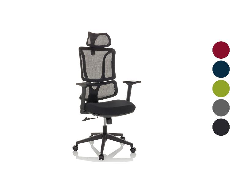 Zwarte ergonomische bureaustoel met mesh rugleuning en hoofdsteun, met kleurstalen