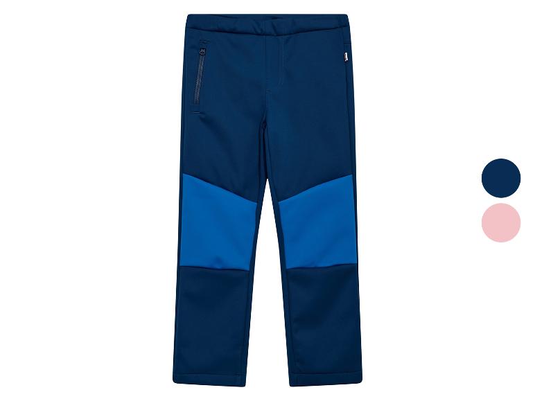 Blauwe softshell broek voor kinderen met lichtblauwe details en rits.